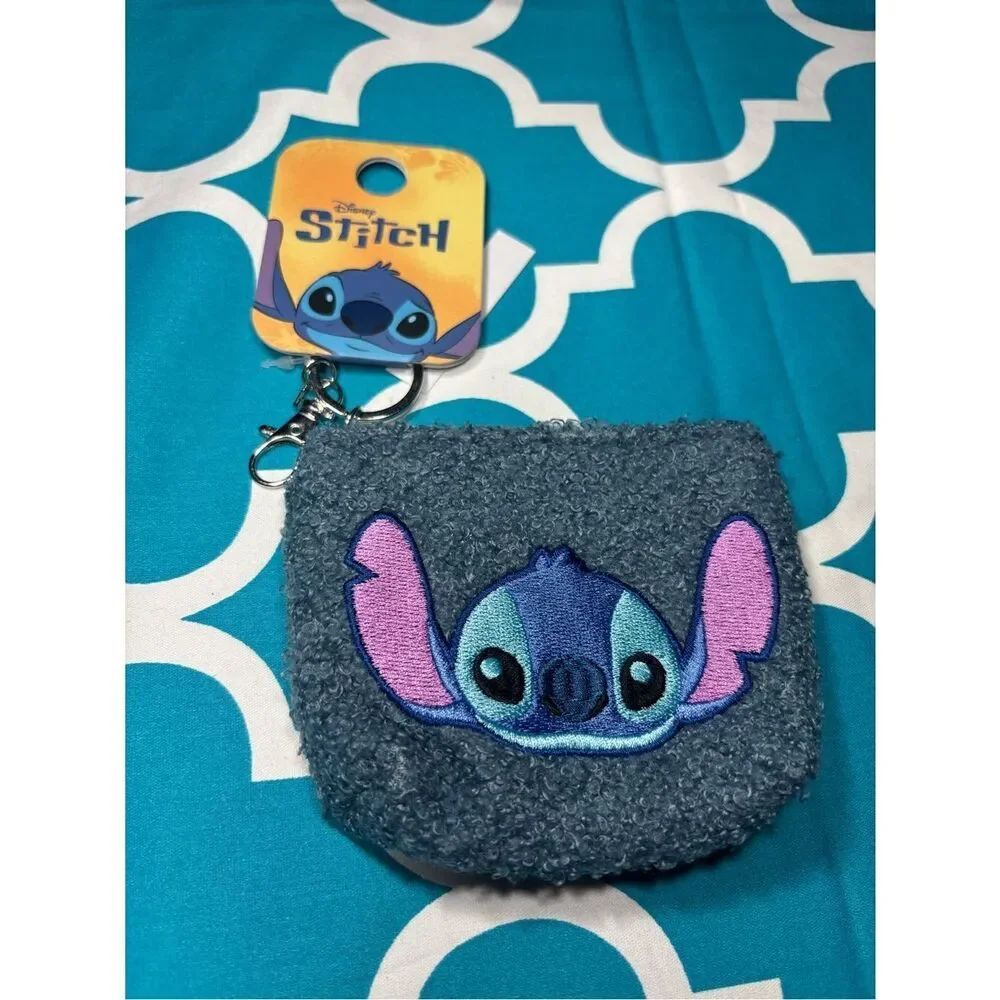 New Disney Stitch Gray Plush Coin Pouch with Keyring